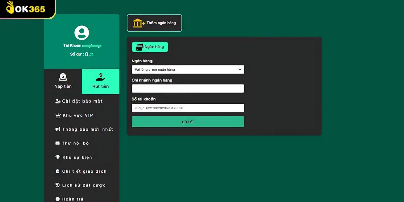 Bạn có thể nhập số vốn muốn rút từ Ok365, lưu ý tuân thủ các giới hạn quy định.